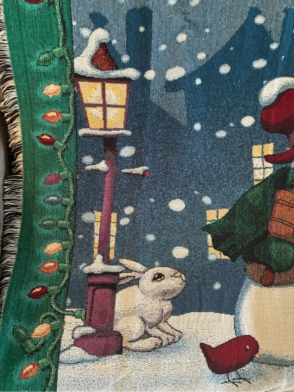 Vintage Tapestry Christmas Snowman Holiday Throw Blanket Bunny Tassels Bird